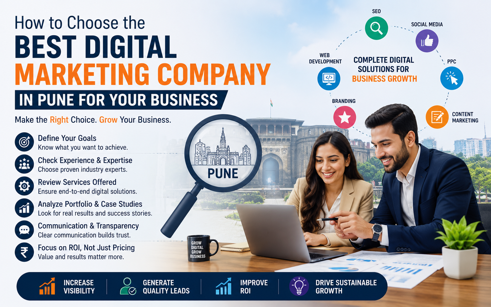 Infographic explaining how to choose the best digital marketing company in Pune, featuring SEO, PPC, social media, branding, content marketing, web development, and business growth strategies.